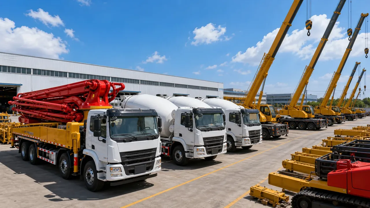 Concrete pumps and cranes in a China machinery yard