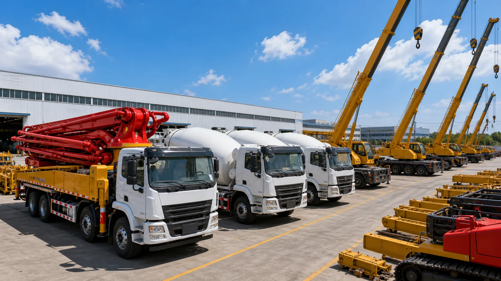 Concrete pumps and cranes in a China machinery yard