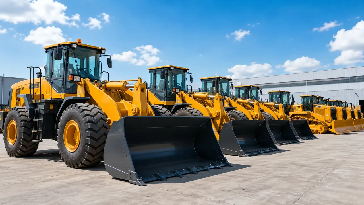 Wheel loaders and bulldozers staged for export review